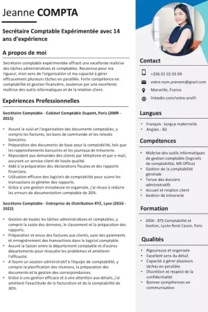 découvrez notre modèle de cv pour expert comptable, conçu pour mettre en valeur vos compétences clés, votre expérience professionnelle et votre formation. attirez l'attention des recruteurs avec un format professionnel et des conseils pratiques pour vous démarquer dans le secteur de la comptabilité.
